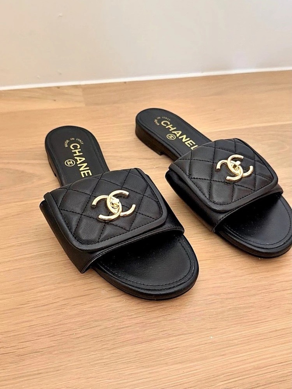 Chanel Quilted CC Turnlock Slide Sandals Black
